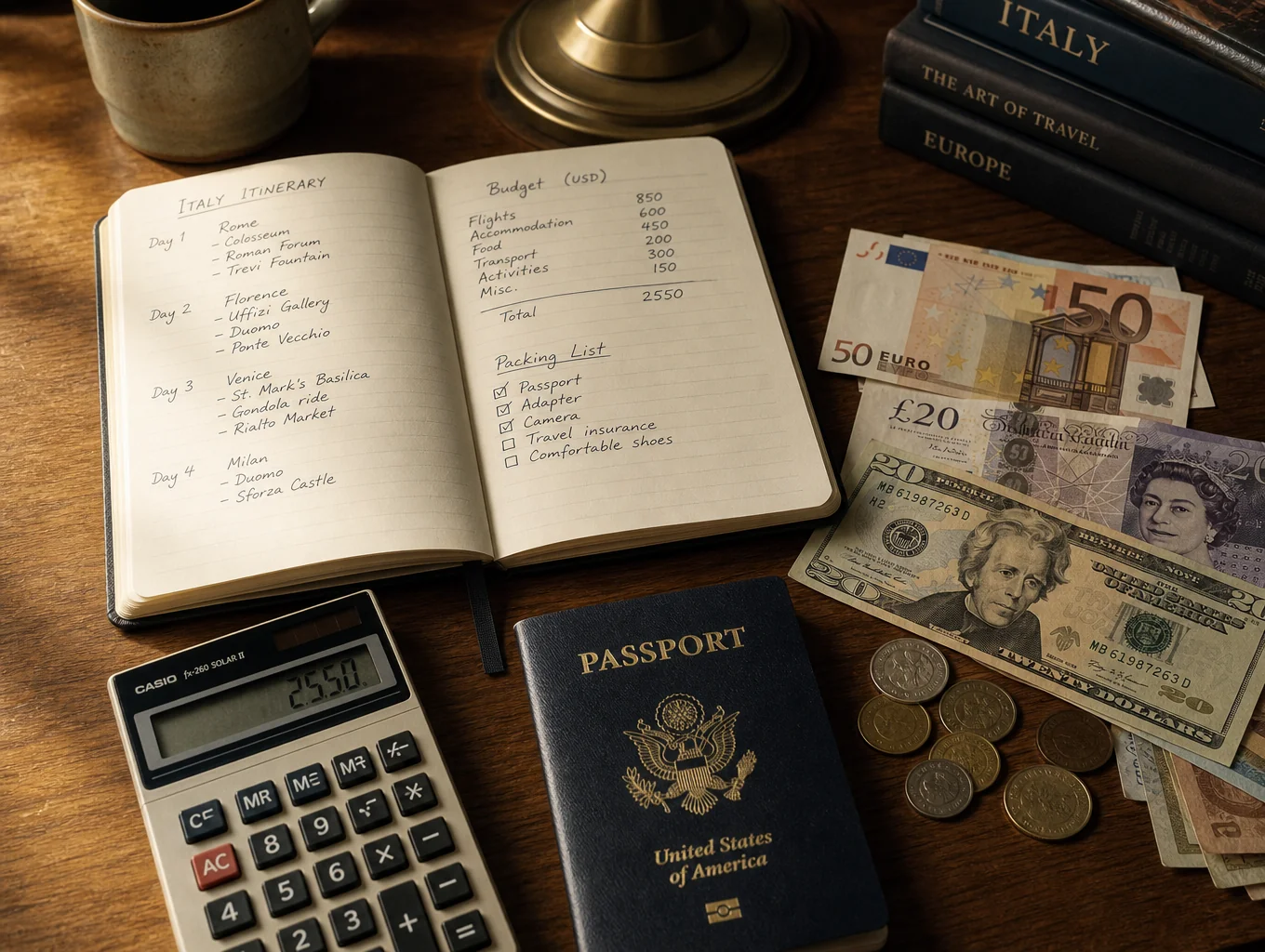 A detailed travel itinerary map spread across a wooden desk with compass and notes